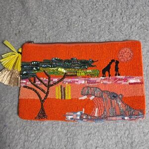 Zara Clutch Orange Beaded Sequin Safari Hippo Giraffe Lion King Vibes Bag Purse